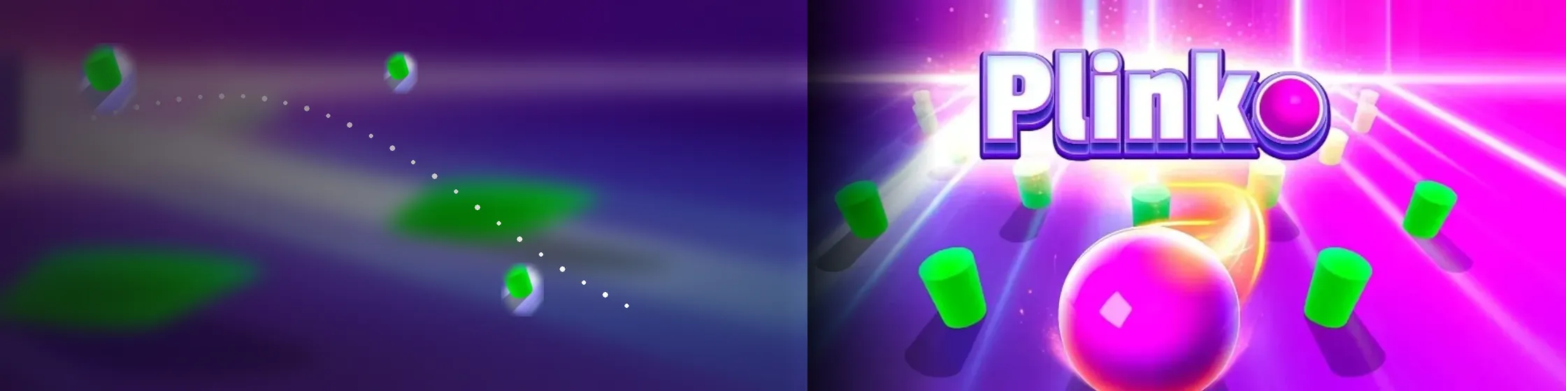 Plinko bal stuitert langs groene pinnen op een neon paarse baan